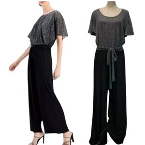 C&C California Womens 2X Metallic Silver Black Wide Leg Jumpsuit Short Sleeve